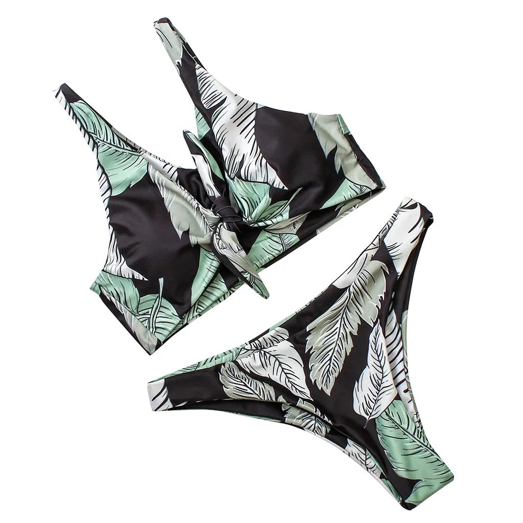 Женский купальник бикини с принтом листьев пуш ап купальный костюм низкой талией