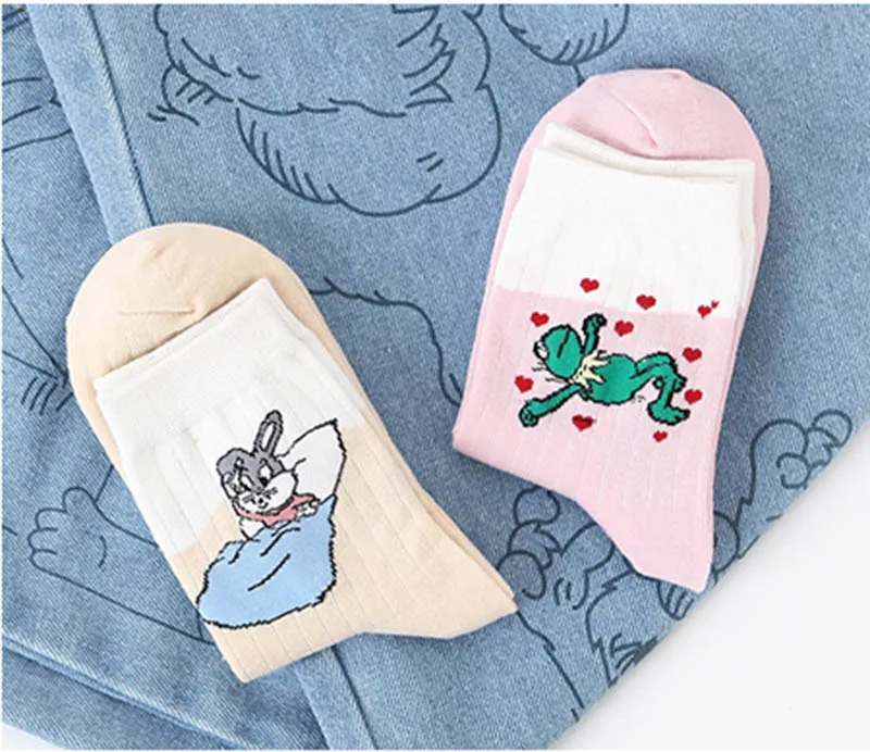 Корейский стиль, женские носки, Модные Винтажные Kawaii Мультяшные лягушки, кролика, носки повседневные Харадзюку, жаккардовые дышащие милые носки