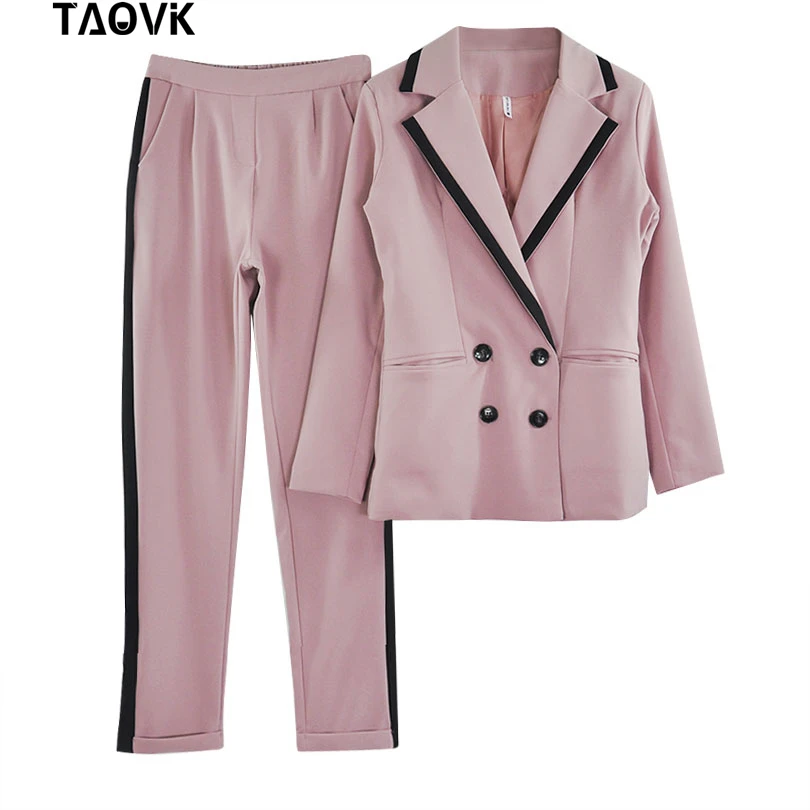 Pink TAOVK рабочие брючные костюмы OL комплект из 2 предметов для Женщин Colorblock воротник двубортный блейзер и прямые брюки офисный женский костюм - Цвет: Pink