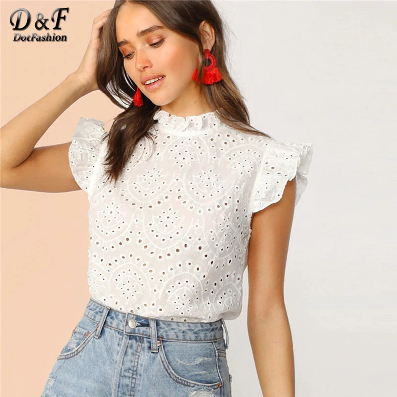 Dotfashion, однотонный топ с воротником-стойкой, с рюшами, с вышивкой, с ушками, для женщин, лето, бохо, без рукавов, одежда для девушек, модные блузки