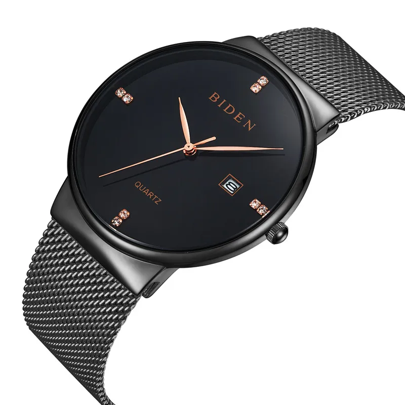 

BIDEN Brand Men's watches simple dress quartz watch men steel mesh strap quartz-watch Ultra-thin ultra clock relogio masculino