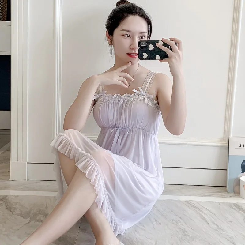 Lovely Retro Women Nightdress Lace Spaghetti Strap Princess Style Nightwear