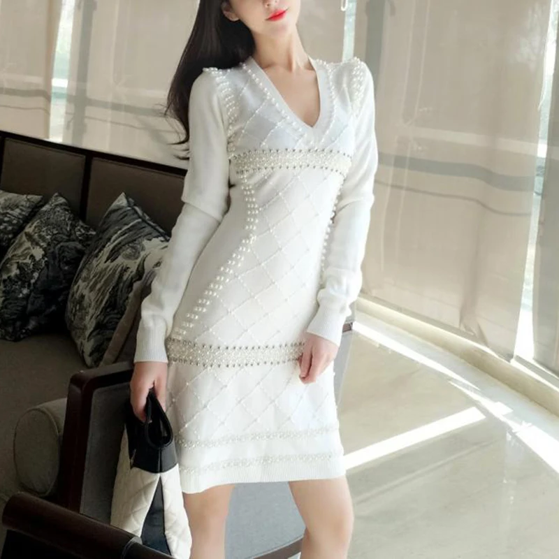 Женское платье свитер с длинным рукавом и v образным вырезом узкий вязаный весна
