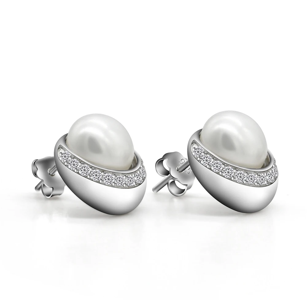 Pearl Earrings 925 Sterling Silver Freshwater with Clear CZ Stud Classic Jewelry Accessories for Women Gift|Серьги-гвоздики| |
