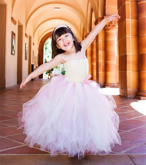 Beautiful Girl's Tutu Dress Toddler Crochet Tulle Tutus Long Ball Gown with Flowers Children Wedding Party Kids Clothes | Детская
