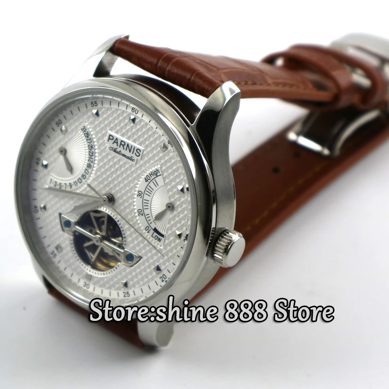 Parnis 43 мм запас мощности белый циферблат коричневый ремешок раскладной застежка