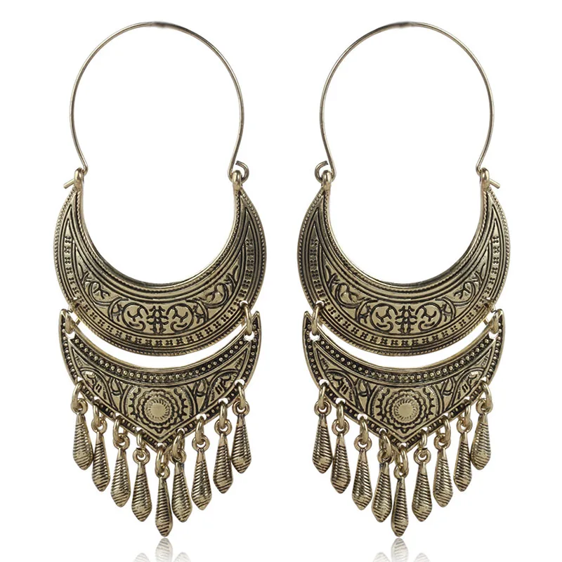 Bohemia Vintage Retro Tribal Antique Silver Ethnic Carved Moon Long Tassel Earrings for Women Jewelry Punk Beads Earring | Украшения и