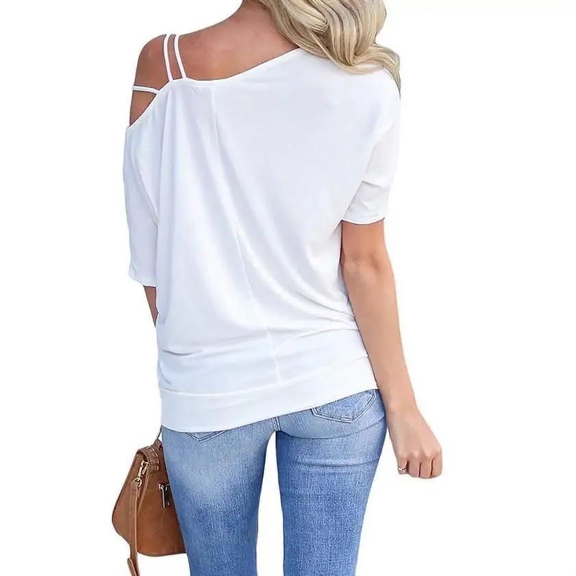 Модная женская футболка с косым плечом и принтом