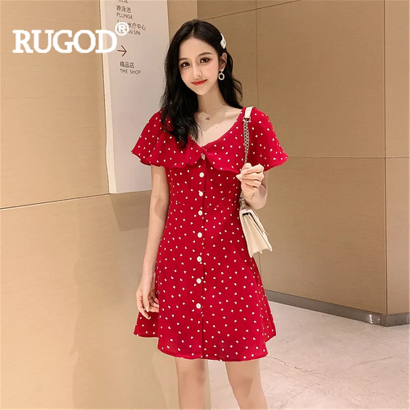 RUGOD Women chiffon mini dress ruffled dot butterfly sleeve high waist a-line elegant 2019 new arrival fashion vintage | Женская одежда