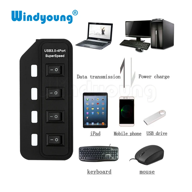 

Windyoung USB 3.0 HUB USB-A To 4 Port USB3.0 With LED On/Off Switch Extra DC 5V Power Supply USB Splitter Adapter For PC Mouse