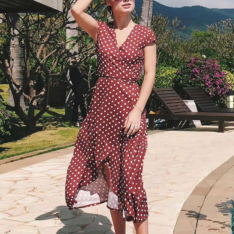 Vintage Style Polka Dots Dress Summer Women Beach Dresses Boho V Neck Asymmetric Split Long Elegant Party Wrap Vestidos Burgundy | Женская