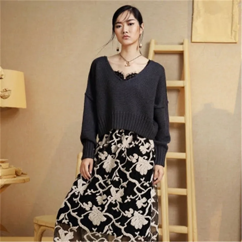 

new fashion 100%hand made pure wool Vneck knit women solid H-straight lantern sleeve short pullover sweater one&over size