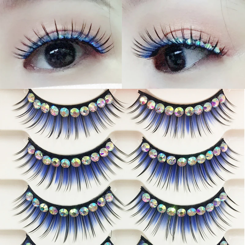 

YOKPN New Blue Exaggerated False Eyelashes Latin Performance Thick Fake eyelashes Shimmery Show Color Big Eye Lashes 5 Pairs