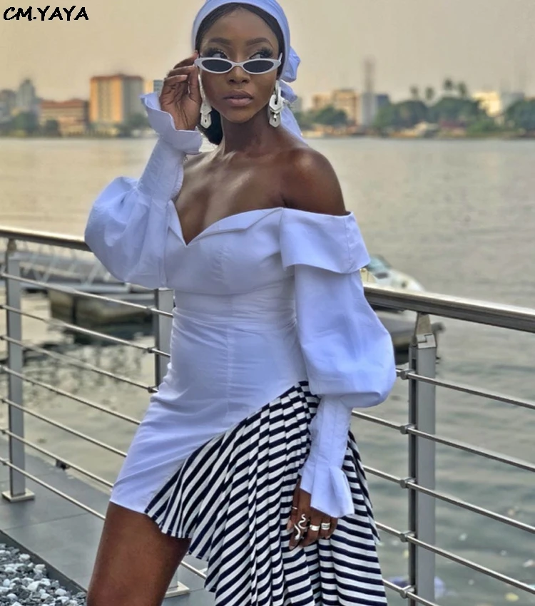 2019 women off shoulder plunging v-neck lantern long sleeve stripes splicing bdoycon sexy midi dress irregular vestidos DF0620 | Женская