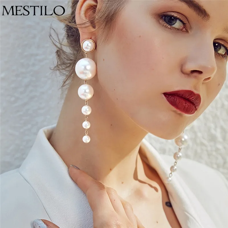 Женские серьги подвески MESTILO длинные с большим жемчугом в европейском стиле