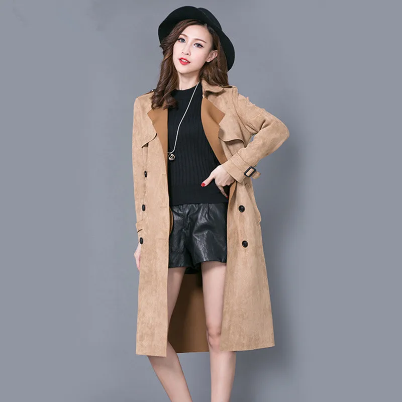 Large Size 5XL 6XL Autumn Women's Trench Coat Suede Long Double-breasted Belt Windbreaker Lady Elegant Business Outerwear M130 | Женская