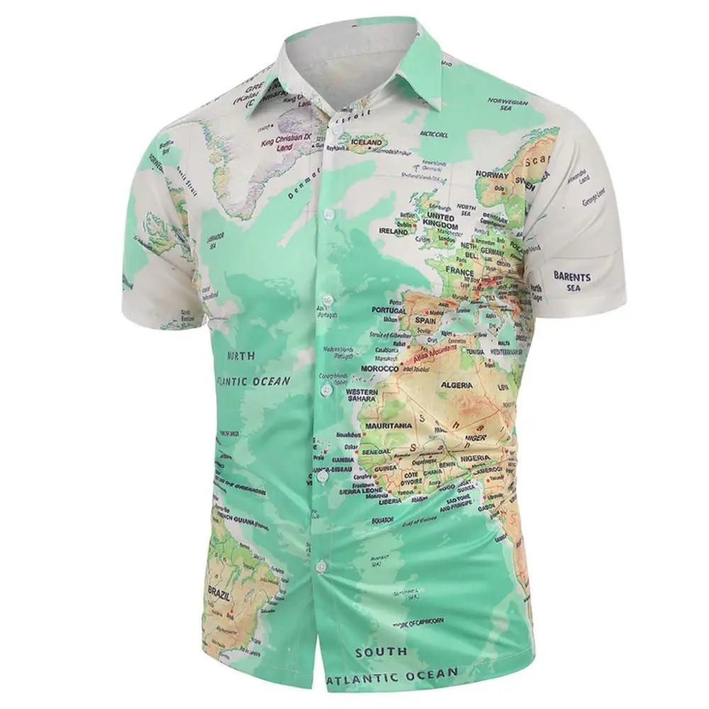 Мужская Повседневная рубашка на пуговицах с принтом в виде карты мира camisa masculina