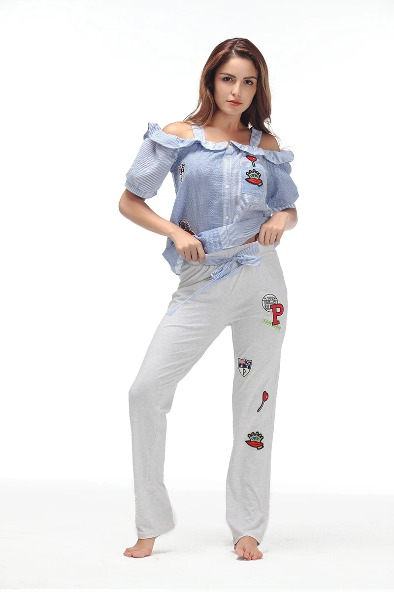 Yusano Pajamas Women Embroidery Camisole Short Sleeve Ruffle Sleepwear Girl Blue Pink Stripe Homewear Cotton Top+Long Pants