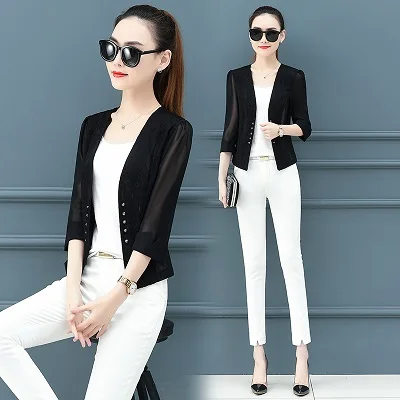 one piece black Korean short small suit blazer women coat thin see-through lace embroidery mesh women blazers and jackets vintage cardigan tops - Цвет: one piece black