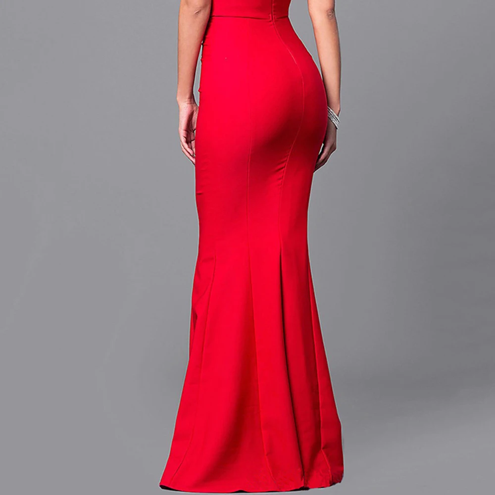 Женское вечернее платье макси с глубоким v образным вырезом Красное Облегающее