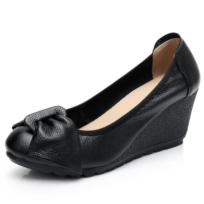 7CM Black1 Демисезонный Комфортные босоножки в стиле ретро из натуральной кожи, с бабочками, с бантом, на танкетке на высоком каблуке с зауженным мыском; Для женщин женские туфли-лодочки Дамская обувь без шнуровки, цвета: 190413 - Цвет: 7CM Black1