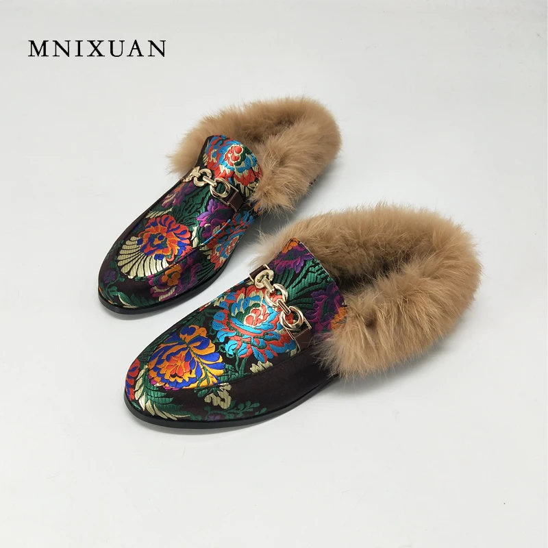 MNIXUAN мехом Сабо обувь женщин 2017 зима новый ручной работы вышитые Шелковый на