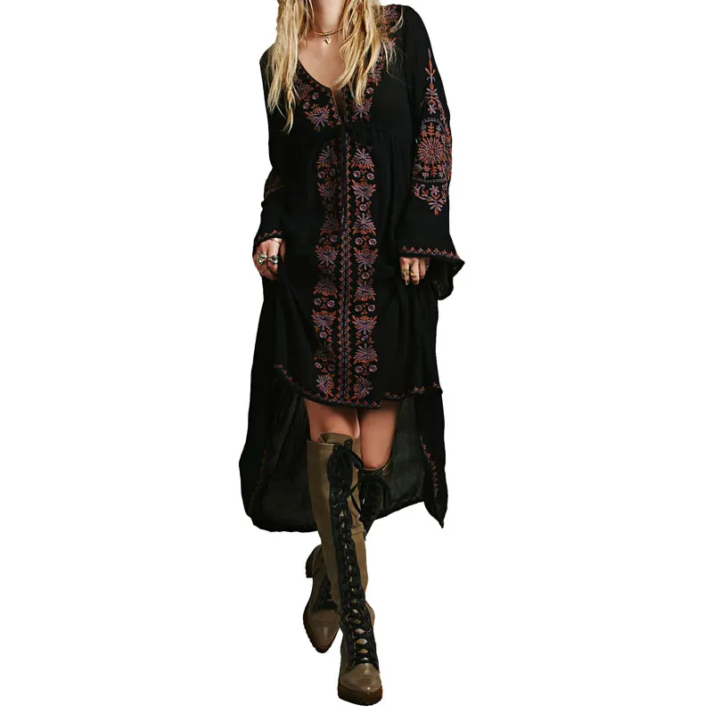 Женское длинное платье с вышивкой свободное богемное Пляжное Платье макси