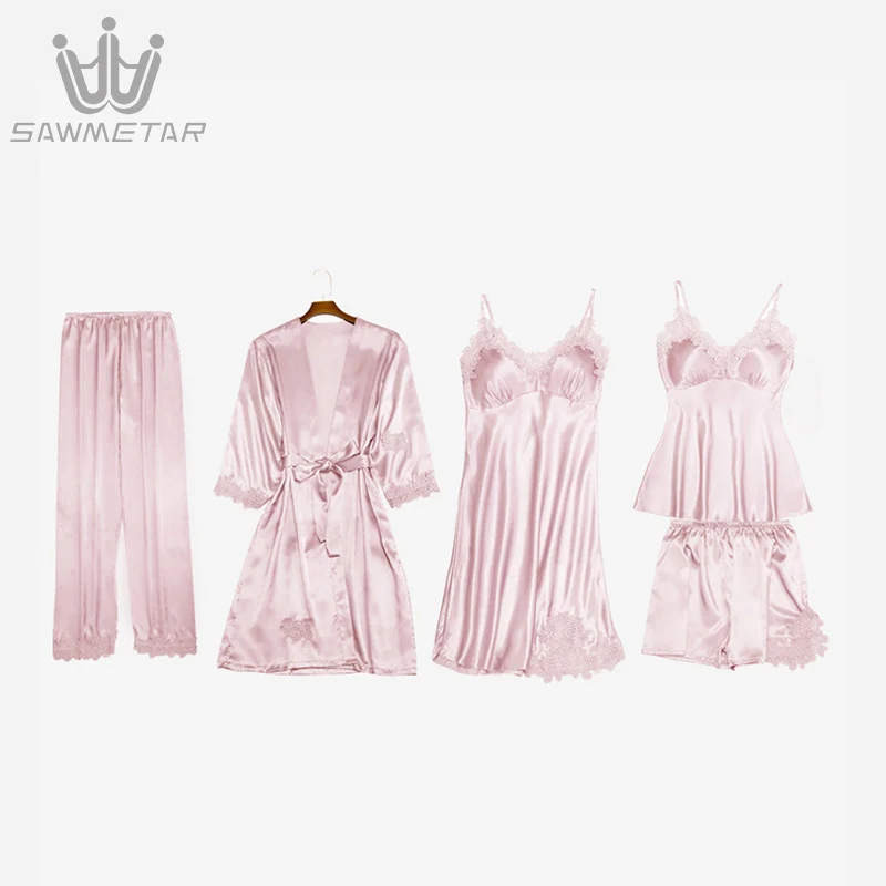 

Summer Pajamas Women Silk Pijama Satin Sleepwear 5 Pieces Home Wear Sexy Lace Pyjama Women Sleep Lounge With Chest Pads
