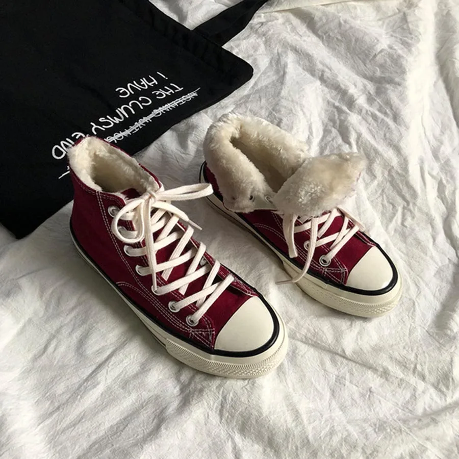 Женская парусиновая обувь с высоким берцем Бархатная теплая хлопковая на