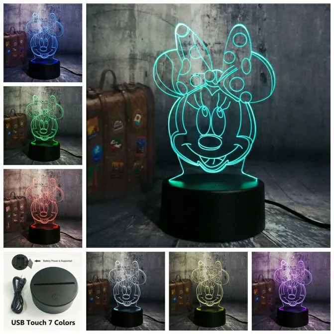 3D с героем мультика Минни Мышь светодиодный RGB светодиодный Ночной светильник 7 цветов изменить стол USB лампа для детей Детский Рождественский подарок новинка домашний декор - Испускаемый цвет: Touch One 7 Color
