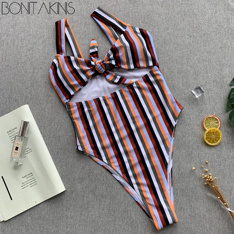 Bonitakinis 2019 Полосатый Цельный бандажный купальник сексуальный женский боди летние