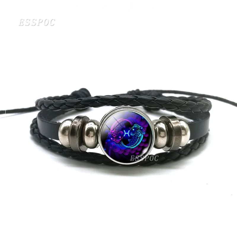 Pisces 12 Созвездие Близнецы раковые Leo Virgo Libra Scorpio Черный Кожаный Браслет Зодиак стеклянный браслет из кабошона для мужчин и женщин - Окраска металла: Pisces