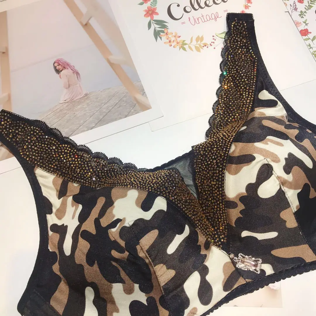 Sexy Fashion Leopard Bra Set Push Up ABC Cup Deep V Bra and Panty Set French Romantic Sexy Lingerie Rhinestone Bralette