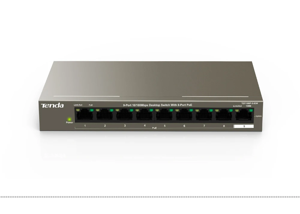 Tenda TEF1109P-8-63W/Свитч POE Fast Ethernet-коммутатор дуплексный 10/100 Мбит/с 1,8 Гбит/с Ёмкость 58 W, 250 м, 6KV молниезащиты