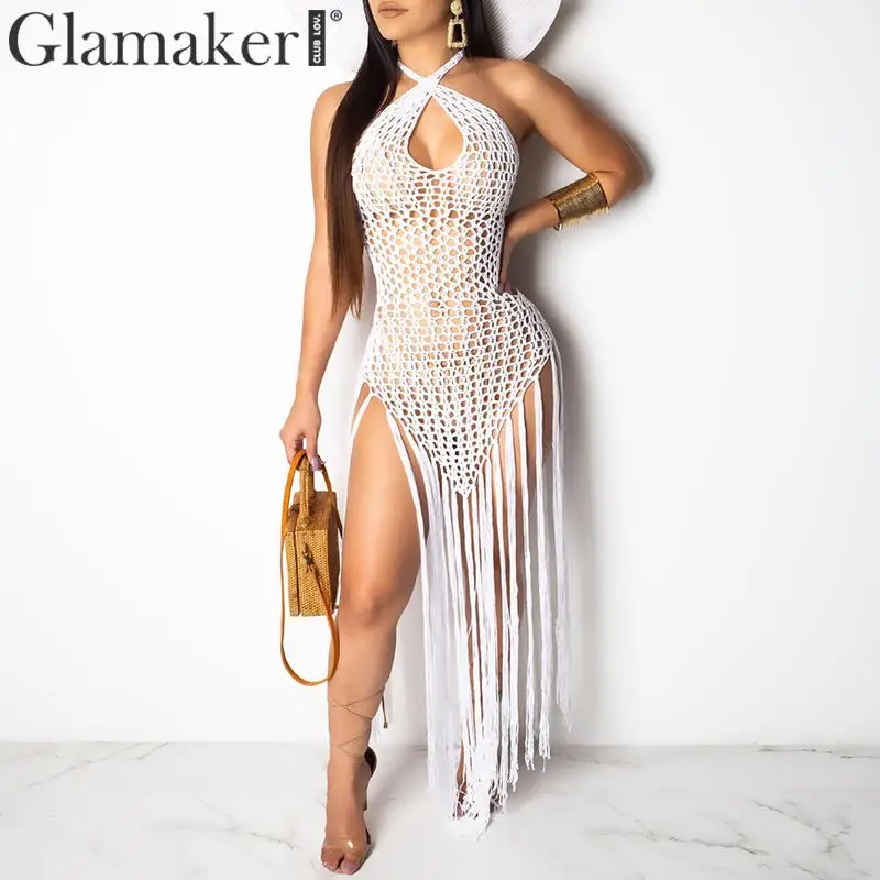 Белый Glamaker, сексуальное трикотажное черное платье с бретелькой через шею, женское элегантное облегающее платье средней длины с открытой спиной, вечерние платья с кисточками - Цвет: Белый