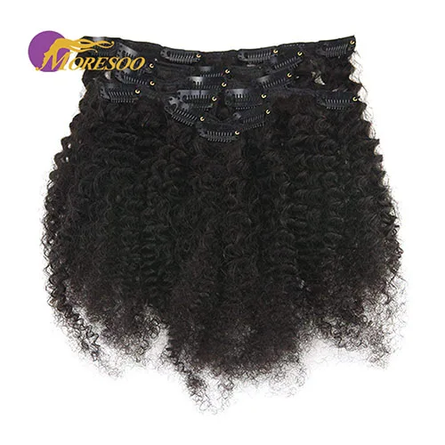Afro Curly Moresoo человеческие волосы для наращивания на заколках, настоящие волосы remy для наращивания человеческих волос на зажимах, натуральный черный цвет, 7 штук, 100 грамм - Цвет: Afro Curly