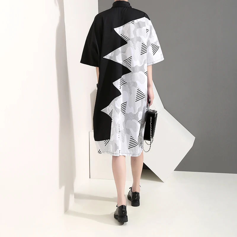 New 2019 Korean Style Women Summer Clothing Plus Size Shirt Dress Geometrical Pattern Printed Female Casual Midi Robe 5113 | Женская
