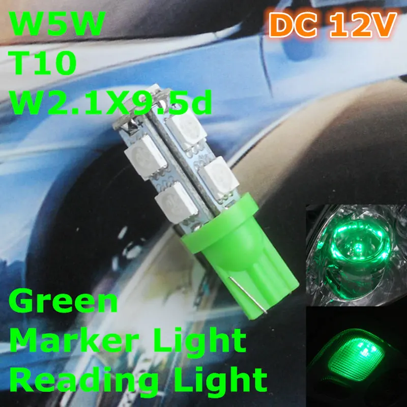 Автомобильная светодиодная лампа T10(9*5050 SMD)W5W W2.1X9.5d 12 В|12v car led lamp|led green 12vreading light for |