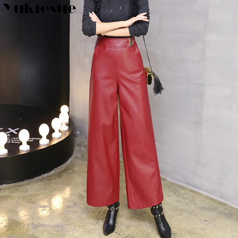 Брюки женские широкие из искусственной кожи|leather pants female|casual womenwide leg |
