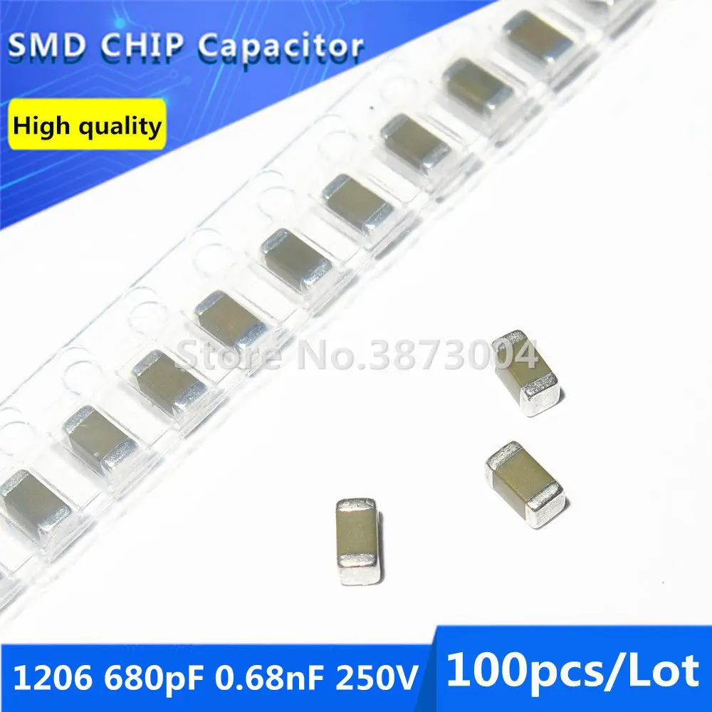 

100pcs 1206 680pF 0.68nF 250V 10% Thick Film Chip Multilayer Ceramic Capacitor