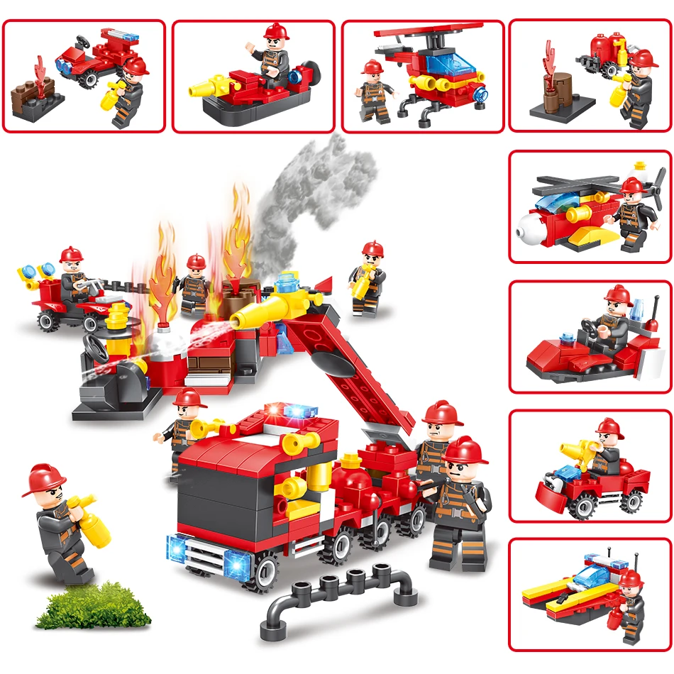 8 in 1 Fire Truck Helicopter Firefighter Building Blocks Compatible Legoed City Fireman Action Figures Enlighten Bricks For Kids | Игрушки и