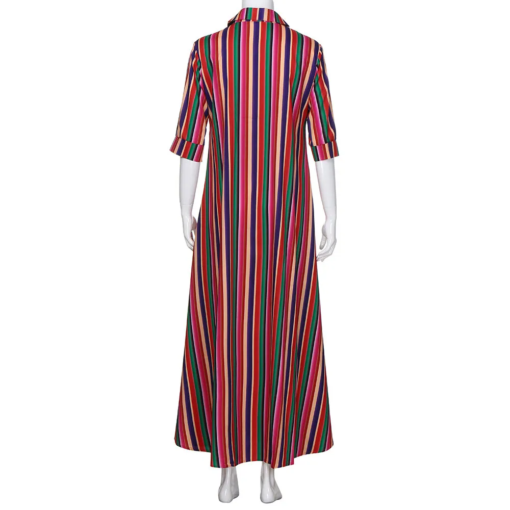 Women Half Sleeve Striped Multicolor Loose Button Bohe Beach Long Robe Dress slim soft touch dress summer new arrival 2019 | Женская