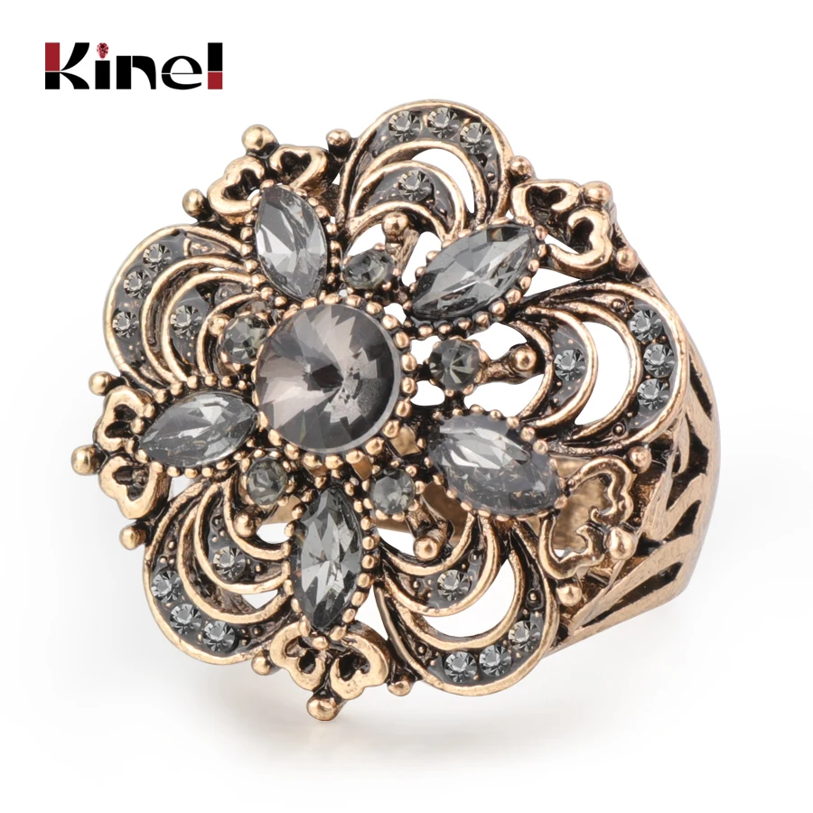 

Kinel Luxury Gray Crystal Flower Vintage Wedding Rings For Women Boho Punk Turkish Jewelery Bague Femme 2019 New