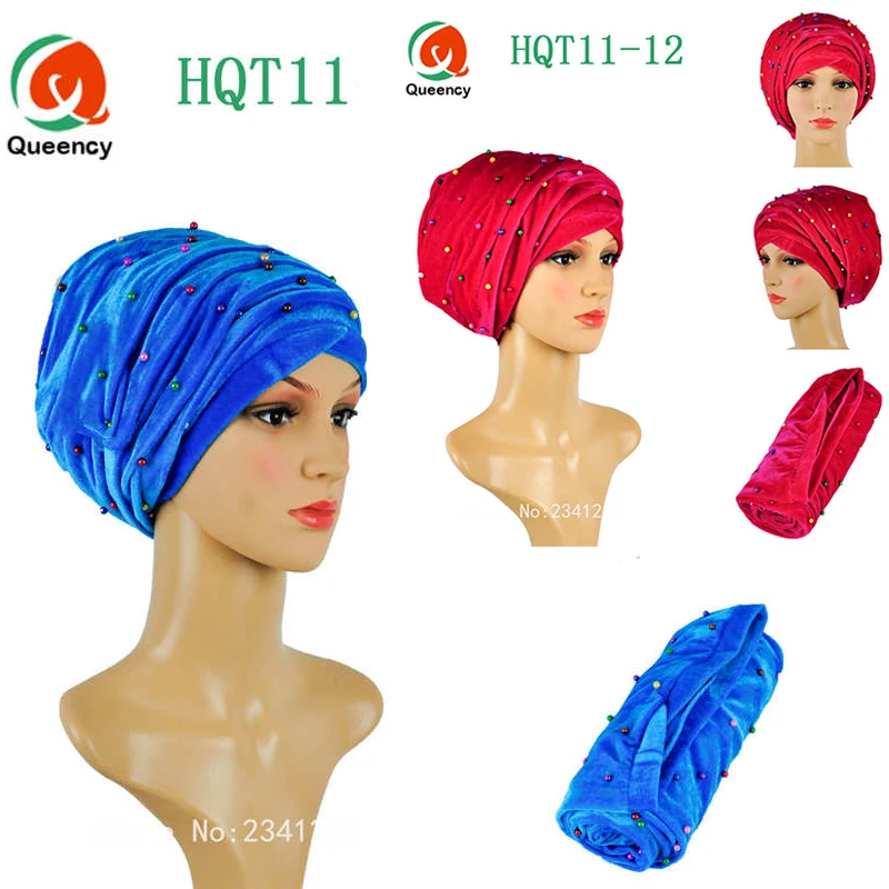 

HQT11 Velvet turban Colorful beaded African turban gele Multi-colored soft african headtie 1PC one pack african scraf headwrap.