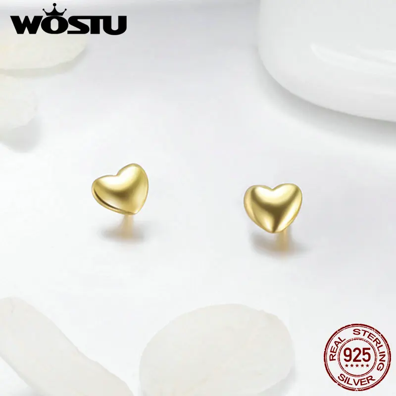 WOSTU,, 925 пробы, серебряные и золотые цвета, сердце, миниатюрные серьги-гвоздики для женщин, серебро,, новые модные серьги, ювелирные изделия