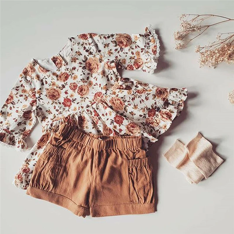 Комплект летней одежды для новорожденных девочек из 2 предметов, Boho, кружевной топ с цветочным принтом, платье-пачка, шорты, штаны, От 2 до 5 лет
