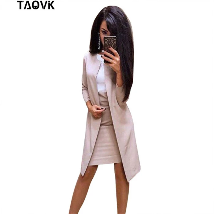 Женский элегантный офисный костюм TAOVK, комплект из длинного блейзера и облегающего платья без рукавов, костюм для работы из двух предметов