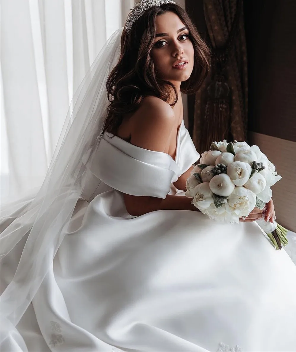 Белое Атласное свадебное платье Vestido De Noiva 2019 бальное с открытыми плечами пышное