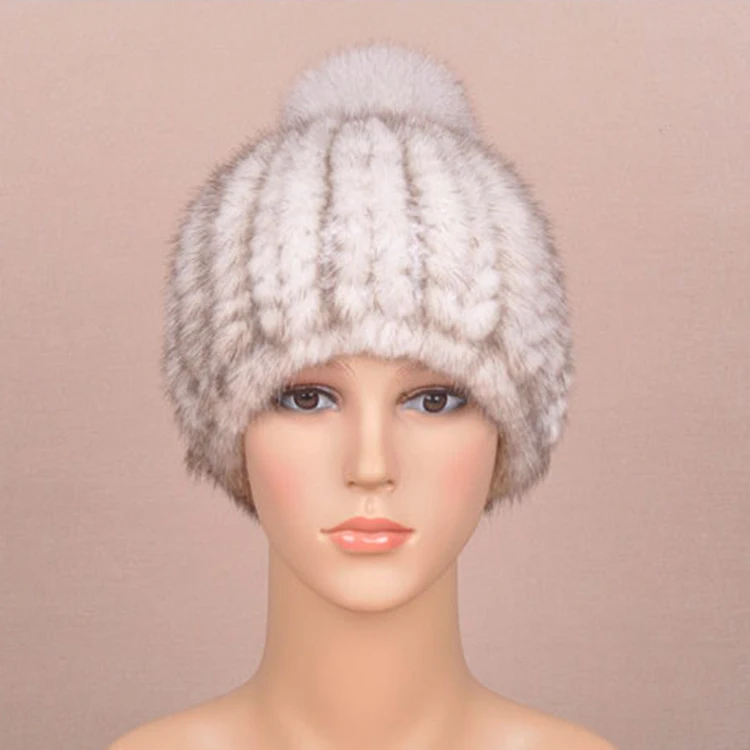 2014 зимняя шапка из 100% натурального меха норки с лисьим помпоном вязаная BE1440