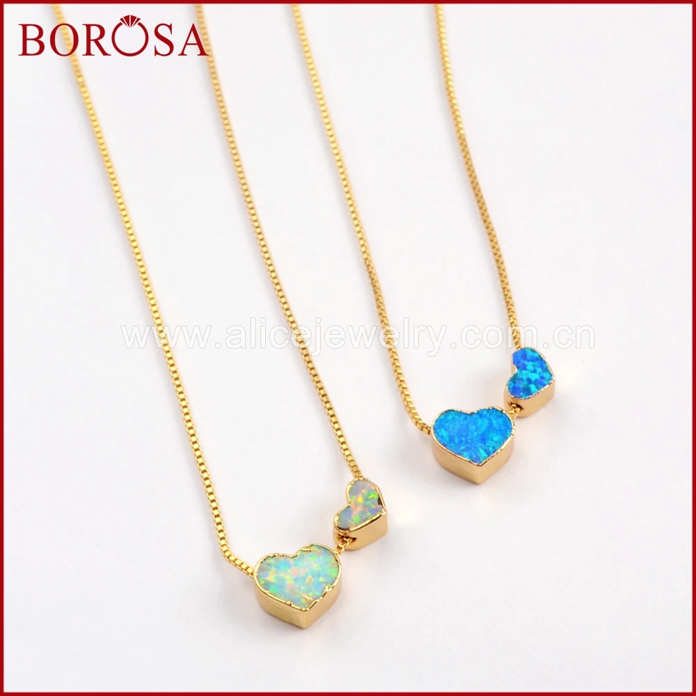

BOROSA 5PCS 2019 New Double Heart Gold Color Man-made Opal White/Blue Japanese Opal Double Pendants Necklace Jewelry G1571